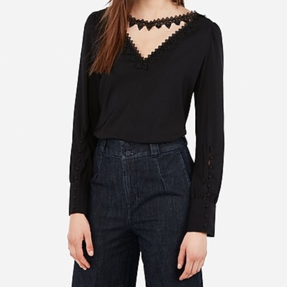 Express Black Lace Neck Long Sleeve Blouse